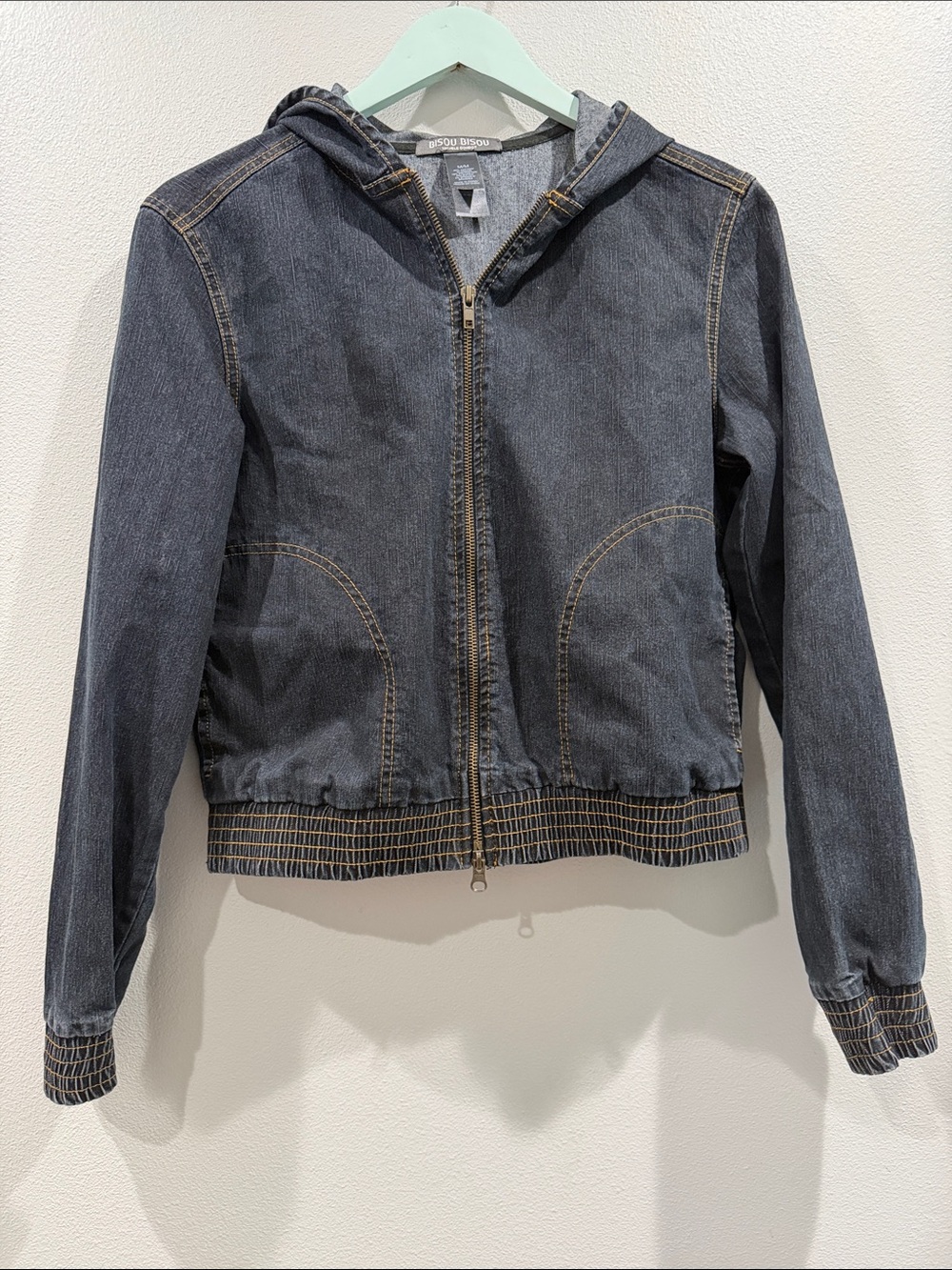 Bisou Bisou Vintage Dark Blue Denim Hooded Bomber Jacket Size Medium